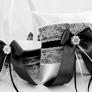 Black and White Flower Girl Basket And Ring Bearer Pillow Set, Flower Girl Basket, Ring Bearer Pillow, Wedding Pillow Basket Set