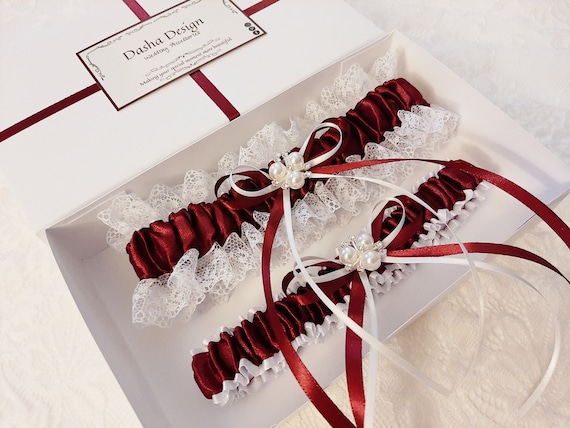 Ivory Burgundy Red Satin Wedding Bridal Garter Set Double Heart Charm 