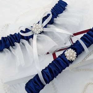 Navy Blue And Beige Satin And Lace Wedding Garter Set #2553910 - Weddbook