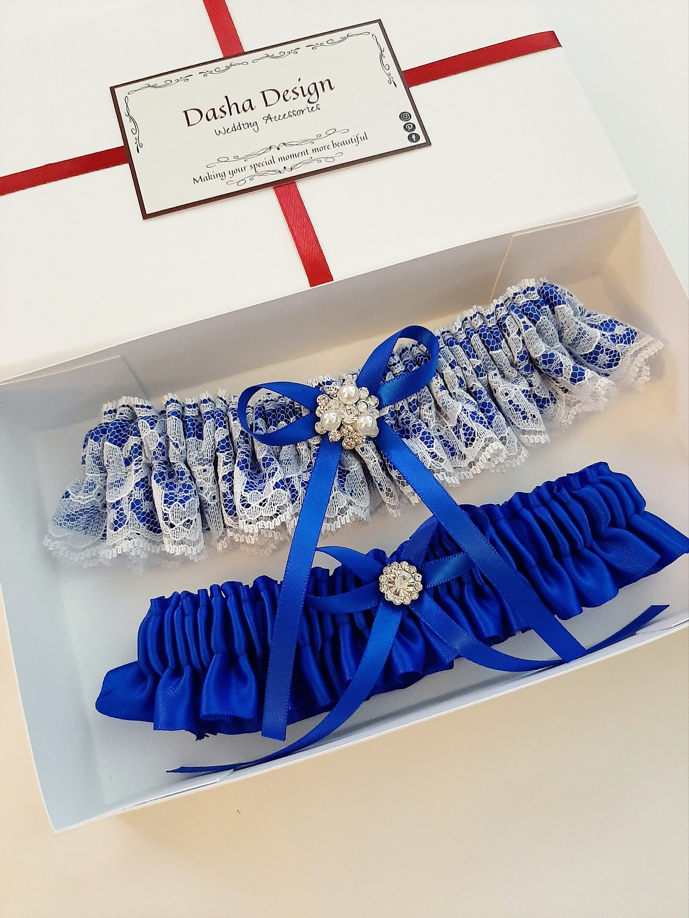Giarrettiera Sposa Blu E Bianco - Pizzo E Fiocco - Taglia Unica 33-66cm - Regalo Matrimonio - Foto 10