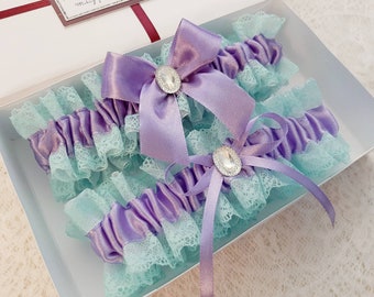 Lavender Aqua Mint Bridal Garter Set, Wedding Garter Set, Lavender Garter For Bride, Lace Garter Set, Personalized Garter, Handmade