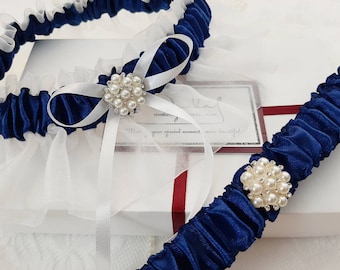 Navy Blue Garter Set, Bridal Garter, Wedding Garter, Navy Garter, Garter Belt, Navy Blue Wedding Garter, Toss Garter, White Organza