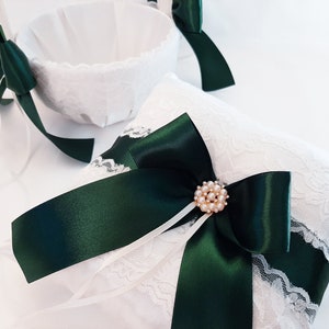 Ring Bearer Pillow, Ring Pillow, Dark Green Ivory Flower Girl Basket And Pillow Set, Ring Bearer Pillow, Wedding Ring Pillow, Ring Bearer image 6