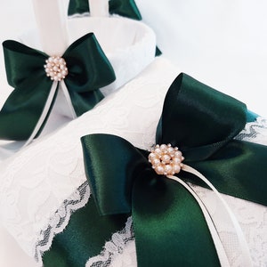 Ring Bearer Pillow, Ring Pillow, Dark Green Ivory Flower Girl Basket And Pillow Set, Ring Bearer Pillow, Wedding Ring Pillow, Ring Bearer image 1