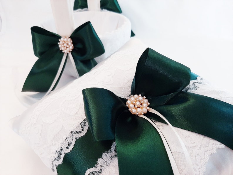 Ring Bearer Pillow, Ring Pillow, Dark Green Ivory Flower Girl Basket And Pillow Set, Ring Bearer Pillow, Wedding Ring Pillow, Ring Bearer image 1