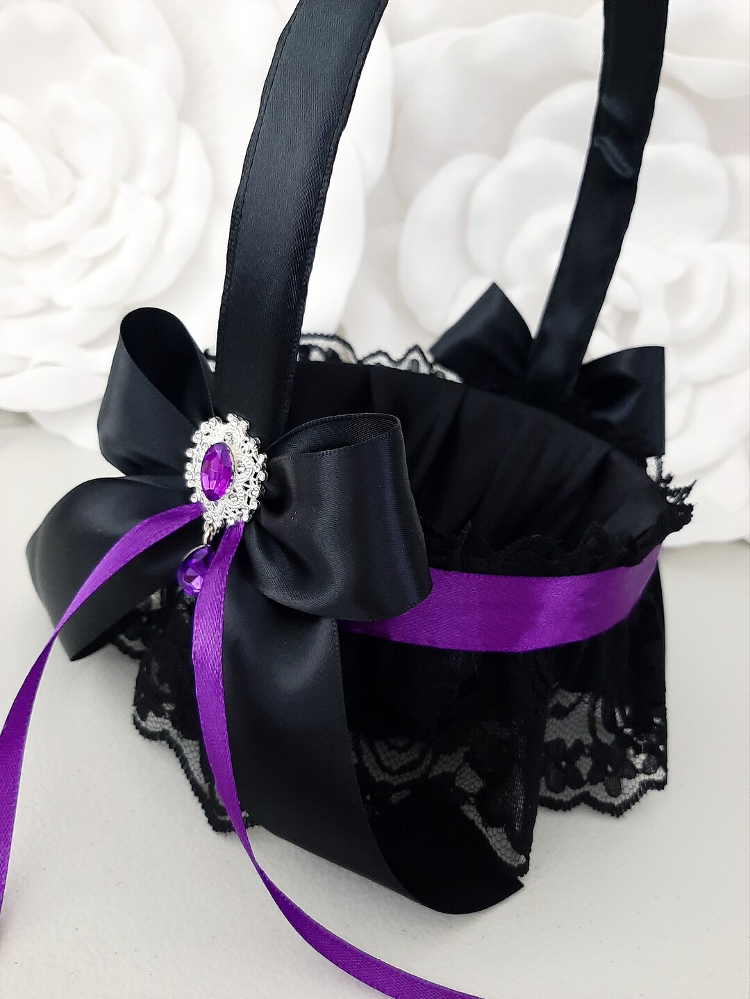 Flower Girl Basket, Lace Basket for Flower Girl, Black Flower Girl