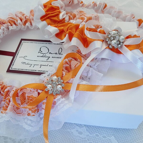 Orange Wedding Garter, Wedding Garter Set, Bridal Garter, Garter Set, Garters For Wedding, Garter For Bride, Personalized Garter