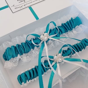 Teal Wedding Garter Set, Teal Bridal Garter Set, Handmade, Personalized Garter Set, Custom Garter Set with Toss image 6