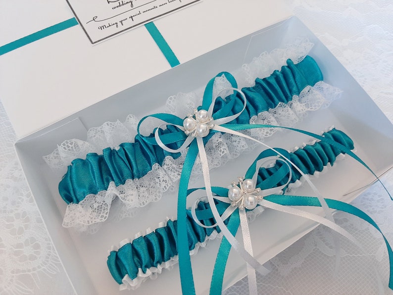 Teal Wedding Garter Set, Teal Bridal Garter Set, Handmade, Personalized Garter Set, Custom Garter Set with Toss image 6