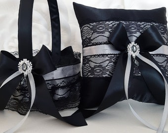 Black Silver Gray Flower Girl Basket And Ring Bearer Pillow Set, Flower Girl Basket, Ring Bearer Pillow, Wedding Basket And Pillow Set