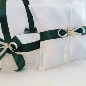 Emerald Dark Green Ivory White Flower Girl Basket, Emerald Dark Green Ivory White Ring Bearer Pillow, Flower Girl, Basket For Flower Girl