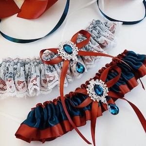Garters for Wedding, Rust and Teal Bridal Garters, Wedding Garter Set, Garter for Bride, Garter Belt, Leg Garter, Bridal Lingerie
