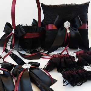 Black and Burgundy Wedding Decor, Flower Girl Basket and Ring Bearer Pillow Set, Wedding Ceremony Accessories, Gothic Weddings