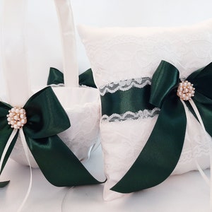 Ring Bearer Pillow, Ring Pillow, Dark Green Ivory Flower Girl Basket And Pillow Set, Ring Bearer Pillow, Wedding Ring Pillow, Ring Bearer image 2