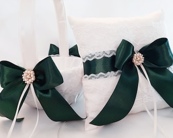 Dark Green Ivory Flower Girl Basket, Ring Bearer Pillow, Flower Girl, Basket For Flower Girl, Wedding Pillow Basket Set