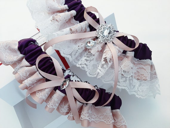 Rose Gold Plum Bridal Garter Set, Deep Purple Wedding Garter, Bridal Garter,  Garter Set, Garter Belt, Wedding Garter Set, Rose Gold and Plum