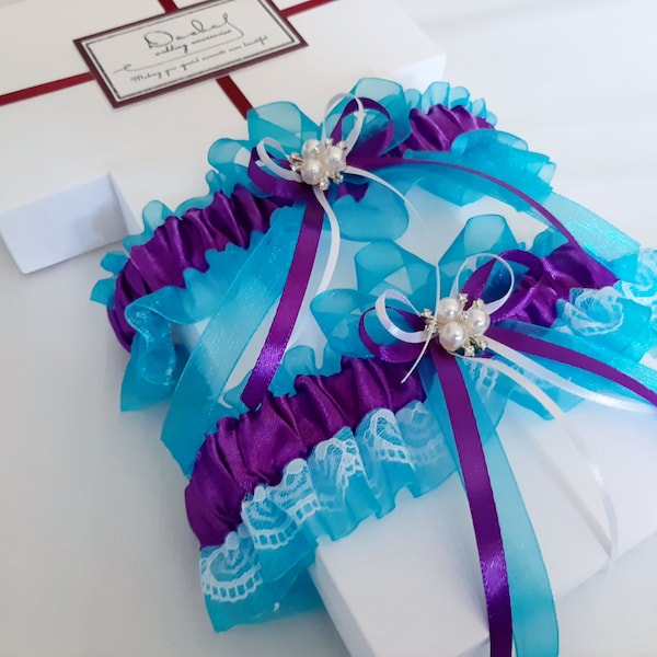 Turquoise Purple Wedding Garter Set, Garter, Bridal Garter, Wedding Garter, Garter Set, Garter For Bride, Personalized Garter