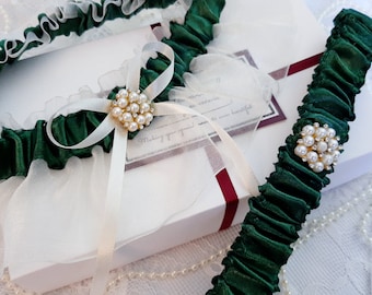 Emerald Dark Green Wedding Garter Set, Ivory Organza Bridal Garter Set, Garter, Wedding garter, Garters For Wedding, Garter Set