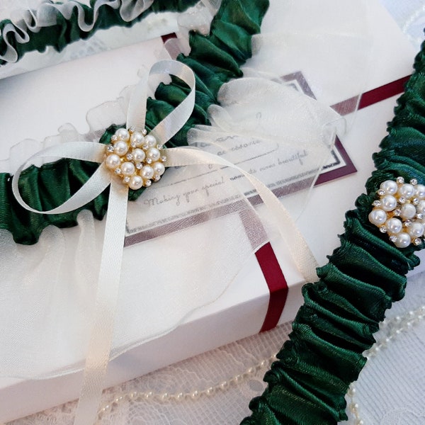 Emerald Dark Green Wedding Garter Set, Ivory Organza Bridal Garter Set, Garter, Wedding garter, Garters For Wedding, Garter Set