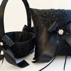 Black Flower Girl Basket, Ring Bearer Pillow, Basket For Flower Girl, Flower Girl, Ring Bearer, Black Wedding Basket And Pillow Set