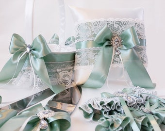 Sage Green Wedding Decor, Flower Girl Basket and Ring Bearer Pillow Set, Wedding Ceremony Accessories, Bridal Garter, Cake Server and Knife