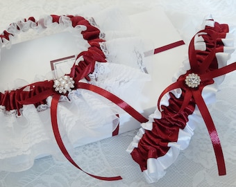 Burgundy Wedding Garter Set, Bridal Garter Set, Handmade Garter, Personalized Garter Set, Custom Garter Set with Toss