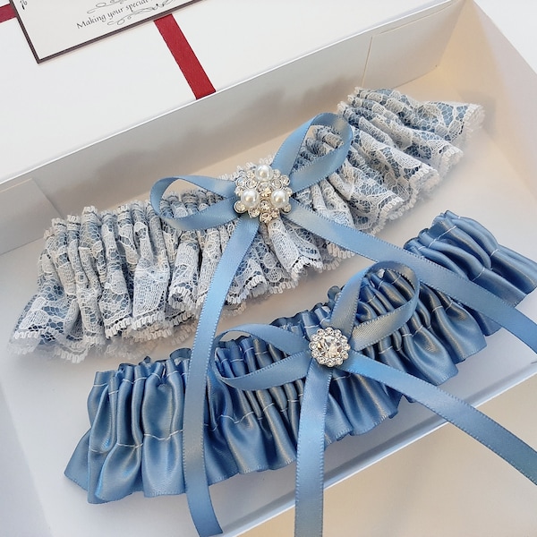 Wedding Garter, French Blue  Bridal Garter Set, Dusty Blue Garter, Garter For Bride, Garters For Wedding, Garter Belt, Leg Garter