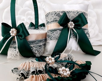 Dark Green Champagne Wedding Decor, Flower Girl Basket and Ring Bearer  Pillow Set, Wedding Ceremony Accessories, Dark Green Weddings