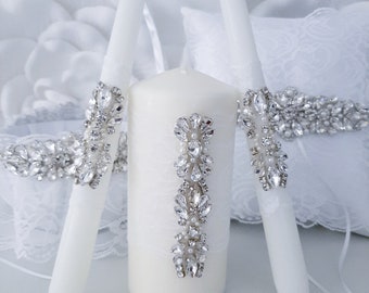 Unity Candle Set For Wedding, Wedding Candles, Unity Candles, Pillar Taper Candles of 3 Wedding Ceremony Accessories Rhinestone Lace