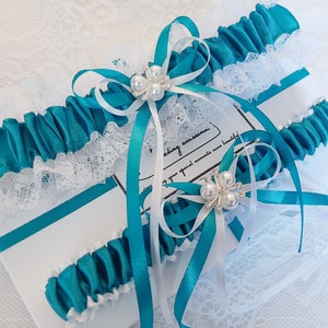 Teal Wedding Garter Set, Teal Bridal Garter Set, Handmade, Personalized Garter Set, Custom Garter Set with Toss image 2