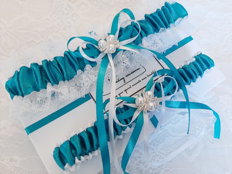 Teal Wedding Garter Set, Teal Bridal Garter Set, Handmade, Personalized Garter Set, Custom Garter Set with Toss image 2