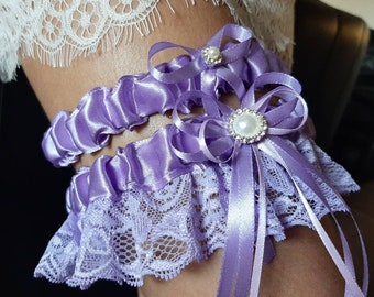 Lavender Wedding Garter Set, Lace Bridal  Garter Set, Handmade, Light Purple Personalized Garter Set, Custom  Garter Set with Toss