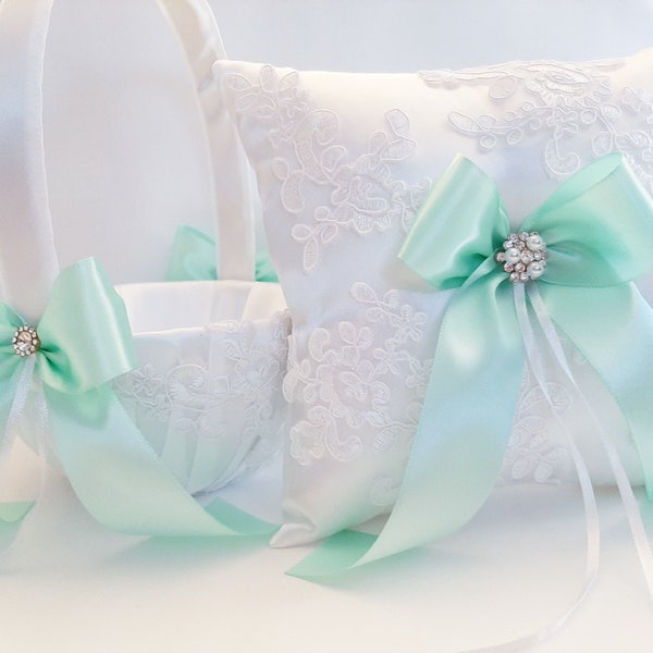 Aqua Flower Girl Basket, Ring Bearer Pillow, Basket For Flower Girl, Flower Girl, Ring Bearer, Aqua Blue Mint Wedding Basket And Pillow Set