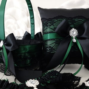 Flower Girl Basket and Ring Bearer Set, Black Basket For Flower Girl, Emerald Wedding Basket And Pillow Set, Set of 2 3 4 Gothic Accessories