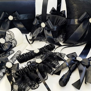 Black Wedding Decor, Flower Girl Basket and Ring Bearer Set, Unity Candle Set, Guest Book, Knife Serving, Wedding Decor, Garters Bride Gift