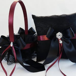 Burgundy and Black Flower Girl Basket and Ring Bearer Pillow Set, Black Flower Girl Basket, Wedding Basket, Flowergirl Basket