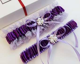 Purple Wedding Garter Set, Lavender Bridal Garter, Wedding Garter, Garter For Bride, Leg Garter, Garter Belt, Lilac Wedding Garters, Prom