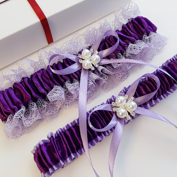 Purple Wedding Garter Set, Lavender Bridal Garter, Wedding Garter, Garter For Bride, Leg Garter, Garter Belt, Lilac Wedding Garters, Prom