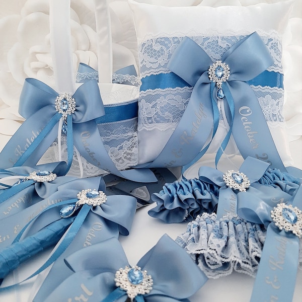 Dusty Blue Wedding Decor, Flower Girl Basket and Ring Bearer Pillow Set, Wedding Ceremony, Bridal Garter, Cake Server and Knife, Bridal Gift