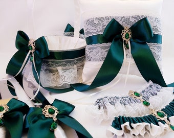 Hunter Green Wedding Decor, Flower Girl Basket and Ring Bearer Pillow Set, Wedding Ceremony Accessories, Dark Green Weddings