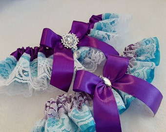 Purple Turquoise Wedding Garter for Bride, Bridal Garter Set, Garter Belt, Leg Garter, Prom Garter, Gift for Bride to be Bridesmaid Wife