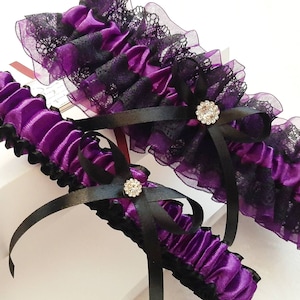 Black Purple Wedding Garter Set, Black Lace Bridal Garter Set, Handmade, Personalized Garter Set, Custom Garter Set with Toss