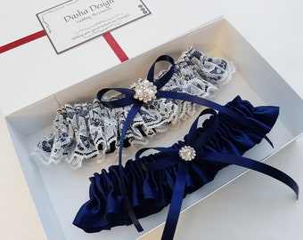 Wedding Garter Set, Blue Wedding Garter, Blue Garter, Blue Garter Set, Navy Bridal Garter, Wedding Garters, Navy Wedding Leg Garter