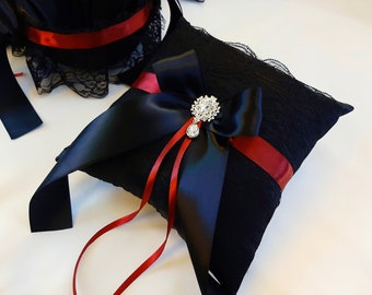 Black and Red Wedding Ring Pillow, Ring Bearer Pillow, Flower Girl Basket And Pillow, Ring Pillow, Ring Bearer, Wedding Gift Bride