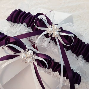 Plum Wedding Garter Set, Deep Purple Bridal Garter Set, Eggplant Garter Set For Bride, White Lace Personalized Garters For Wedding