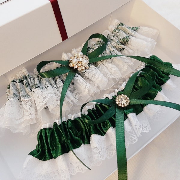 Emerald Dark Green Garter Set, Lace Bridal Garter, Dark Green Wedding Garter For Bride, Garter Belt For Wedding, Prom Leg Garter