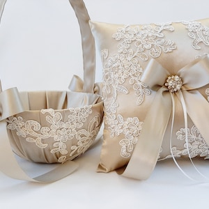 Flower Girl Basket, Ring Bearer Pillow, Champagne Flower Girl Basket And Ring Bearer Set, Wedding Basket for Flowergirl And Pillow Set