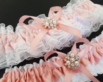 Coral Pink Wedding Garter Set, Lace Bridal Garter Set, Handmade, Personalized Garter Set, Custom Garter Set with Toss