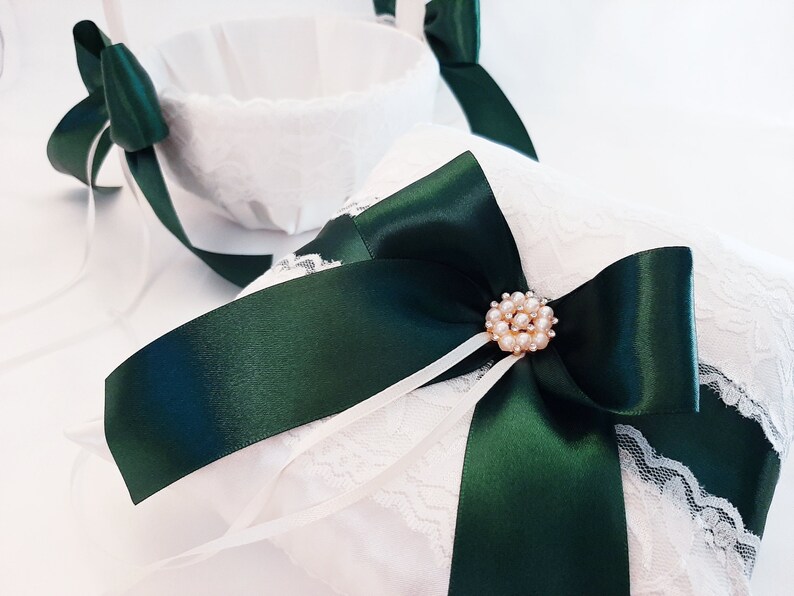 Ring Bearer Pillow, Ring Pillow, Dark Green Ivory Flower Girl Basket And Pillow Set, Ring Bearer Pillow, Wedding Ring Pillow, Ring Bearer image 10