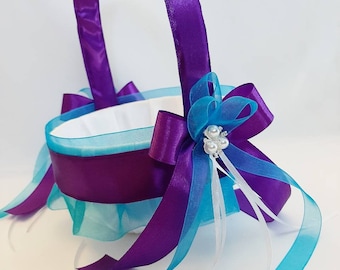 Flower Girl Basket, Blue And Purple Flower Girl Basket, Turquoise Purple Wedding Basket, Small Flower Girl Basket, Wedding Pillow Basket Set